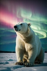 Sticker - A polar bear is sitting on the snow in front of a colorful sky. Generative AI.