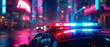 Blue and red light flasher atop of a police car on city lights on the background. Generative AI