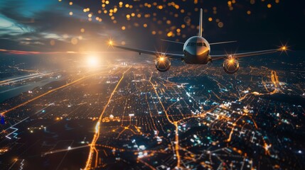 Airplane Flying Over City at Night