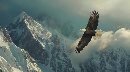 Wall Mural - Majestic bald eagle soaring above rugged mountain peaks