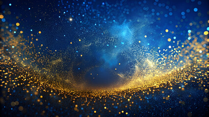 Wall Mural - abstract background with Dark blue and gold particle. Golden light shine particles bokeh on navy blue background. Gold foil texture. Holiday concept.