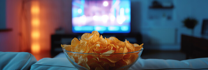 Bowl of potato chips in front of TV screen. Watching television at home. Generative AI