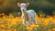White goat standing upright in a meadow facing the camera