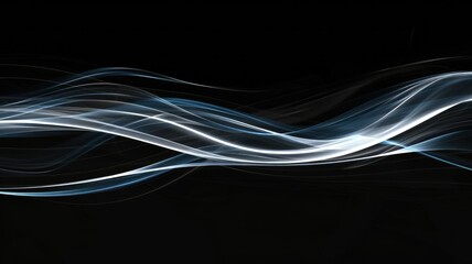 Poster - Abstract blue light waves on black background - An aesthetically pleasing image with serene blue light waves flowing across a dark backdrop, conveying a sense of calm and tranquility