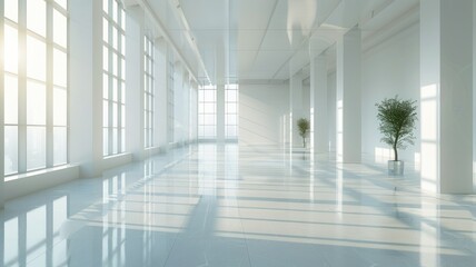 Poster - Sunlit modern corridor with reflective flooring - A bright, contemporary space with sunlight streaming through large windows, creating a warm and welcoming corridor