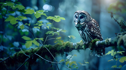 Wall Mural - Noble owl perched on moss-covered branch in moonlit forest