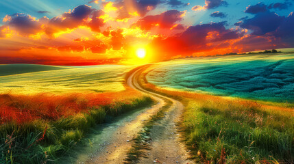 Wall Mural - Winding Path Through Colorful Summer Fields at Sunset. A beautiful flowers field with a road running through it. Nature landscape