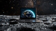 Laptop on a moon surface with Earth view on screen, depicting global connectivity or space exploration concept.
