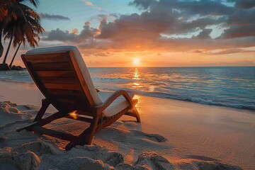 Wall Mural - A warm sunset bathes the scene as a beach chair sits invitingly on the sandy shoreline