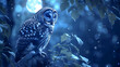 Owl perched silently in a moonlit forest clearing
