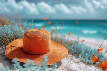 Wall Mural - An elegant straw hat rests on a sandy beach, with the turquoise sea and a blue sky filled with fluffy clouds in the background