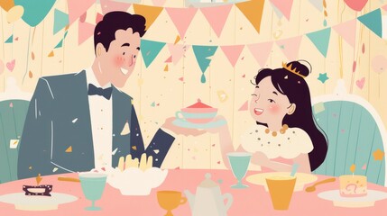 illustration of father and daughter enjoying a tea party, pastel color scheme, suitable for family a