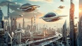 Fototapeta Panele -  Flying cars futuristic city fantasy