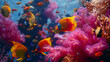 Schools of colorful angelfish darting among vibrant coral reefs
