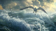 Seagull diving to catch fish in a turbulent sea