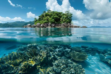 A small island with lush trees next to a coral reef in the azure ocean