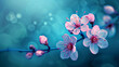 Cherry blossom on blue background with bokeh effect. AI.