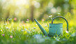 Watering can in the green grass with bokeh background. AI.