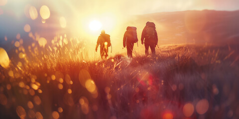 Wall Mural - Three friends admiring beautiful landscape on scenic sunset. Adventurous young people with backpack. Hiking and trekking on a nature trail. Traveling by foot.