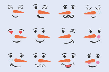 Set of funny snowman faces isolated on a white background. Cartoon funny doodle snowman head face with different emotions. Winter holidays, Christmas and New Year. Vector illustration