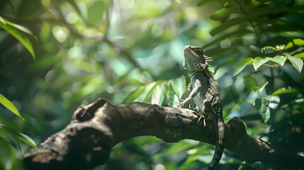 Wall Mural - Sunbathing lizard perched on weathered branch in dense jungle