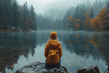 Wall Mural - An individual in a yellow jacket gazing at a tranquil lake surrounded by autumnal forest and foggy mountains