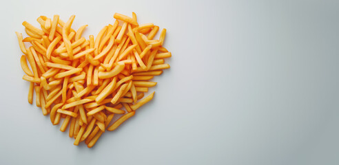 French fries chips in shape of heart, detail from above, copy space on side. Generative AI