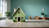 Fototapeta  - Modèle miniature de maison sur la table, isolée sur fond bleu, concept de crédit immobilier, épargne logement, performance énergétique - IA générative