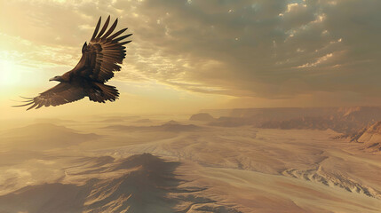 Vulture circling above a desolate desert landscape