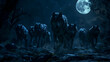 Wolf pack on the prowl under the moonlight
