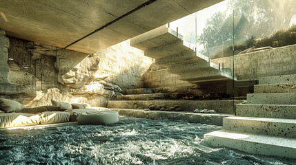 Serene Nature Scene with Waterflow and Greenery, Evoking a Sense of Peace and Luxury in a Japanese Spa Setting