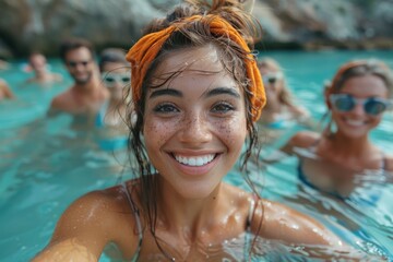 A lively young woman taking a group selfie in crystal blue waters with friends enjoying summer