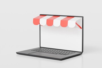 Poster - 3d laptop store shop icon. laptop blank screen mockup store building. Shopping online, e-commerce online shopping, fast delivery concept. Minimal realistic icon design. 3d rendering illustration.