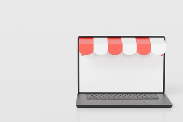 Poster - 3d laptop store shop icon. laptop blank screen mockup store building. Shopping online, e-commerce online shopping, fast delivery concept. Minimal realistic icon design. 3d rendering illustration.