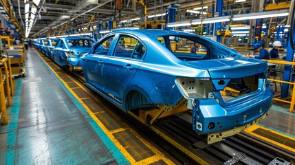 Poster - Futuristic robotic assembly line  efficiently crafting electric cars in a modern factory setting