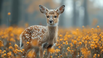 Wall Mural - A baby deer is standing in a field of yellow flowers