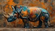 A rhino with a colorful coat stands in front of a wall
