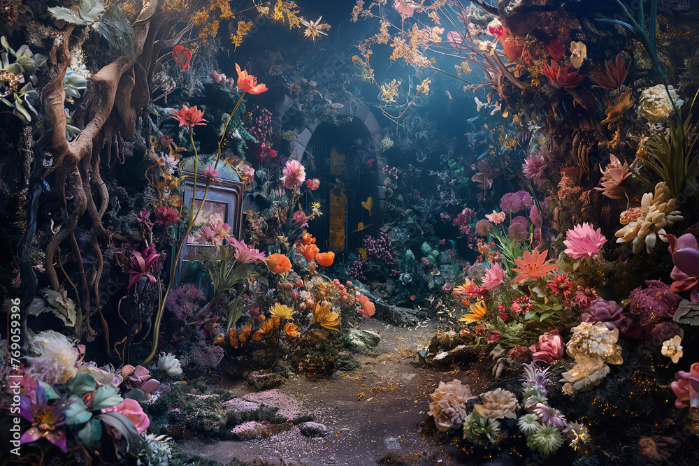 Enchanted Garden Collage: oversized flowers, enchanted keys, and fairy ...