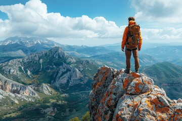 A hiker stands triumphantly on a mountain peak, looking out on the vast natural wilderness, signifying achievement and freedom