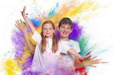 Wall Mural - Holi festival celebration. Happy friends covered with colorful powder dyes on white background