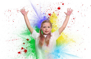 Wall Mural - Holi festival celebration. Happy little girl covered with colorful powder dyes on white background