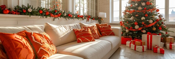 festive christmas tree and gift boxes in modern minimal white living room interior with copy space