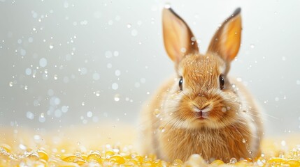 Wall Mural - A rabbit is sitting on a yellow surface with a few drops of water on it