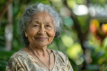 A woman with gray hair is smiling and wearing a necklace