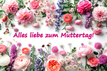 Wall Mural - Happy Mother’s Day in German text with Floral colorful spring  frame