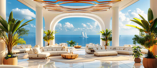 Wall Mural - Luxury Tropical Villa with Ocean View, Serene Holiday Destination, Perfect Blend of Comfort and Nature