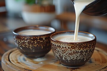 a person pours cream into two cups, in the style of dark bronze and light black, close up, polished, shaped canvas, modern. Generative AI