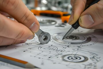 Wall Mural - Mechanical Engineer Technician Drafting Part Drawings and Measuring Bearings with Caliper Tools in a Manufacturing Factory. Concept Mechanical Engineering, Drafting, Part Drawings, Bearings