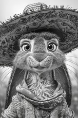 Wall Mural - Cute Rabbit character in a hat on a white background. Pencil drawing. Illustration