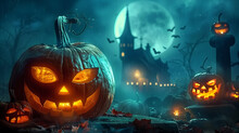 Halloween Background Featuring Glowing Jack-o'-lanterns, A Full Moon, And A Haunted House With Flying Bats And A Rainy Atmosphere.